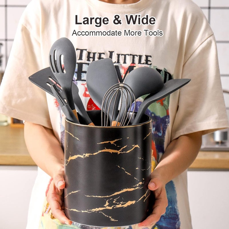Howise 7.2 inch Large Utensil Holder for Kitchen Counter, Golden Marble Utensil Crock Spatula Holder for Countertop Cooking Tools Storage Caddy Farmhouse Kitchen Decor (Marble-Black) - Image 3